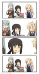  4koma ahoge aqua_hair azur_lane black_hair blazer blonde_hair brown_hair cardigan chips chopsticks cleveland_(azur_lane) closed_eyes comic commentary_request crossover eating eyebrows_visible_through_hair food fubuki_(kantai_collection) hair_ornament hairclip highres jacket kantai_collection long_hair low_ponytail misumi_(niku-kyu) multiple_girls one_side_up open_mouth ponytail potato_chips red_eyes sailor_collar same_face school_uniform serafuku shibafu_(glock23)_(style) short_hair short_ponytail sidelocks silent_comic smile snack suzuya_(kantai_collection) tenso_(meme) translated twitter_username 