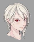  face grey_background hair_between_eyes highres light_smile lips looking_at_viewer nakiri_alice ray0sunshine red_eyes shokugeki_no_souma short_hair simple_background solo twitter_username white_hair 