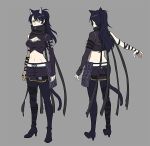  alternate_costume alternate_hairstyle animal_ears asymmetrical_clothes belt black_footwear black_hair black_legwear blake_belladonna boots breasts cat_ears cat_tail character_sheet cleavage commentary_request full_body grey_background kuroda_(nanchara_flight) long_hair navel navel_cutout ponytail rwby scarf solo tail thigh_boots thighhighs yellow_eyes 