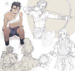  arrow berserker bow_(weapon) centaur chiron_(fate) closed_eyes drawing_bow eating fate/apocrypha fate/grand_order fate/stay_night fate_(series) jewelry long_hair low-tied_long_hair lucia_(biblyoteka) male_focus monster_boy multiple_boys necklace one_eye_closed ponytail shorts simple_background sitting spoken_squiggle squiggle weapon wet white_background young_heracles younger 
