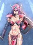  :d armor bikini_armor blue_background blue_eyes bow_(bhp) choker cowboy_shot dragon_quest dragon_quest_iii elbow_gloves gloves hair_between_eyes helmet holding holding_shield holding_sword holding_weapon long_hair looking_at_viewer muscle muscular_female navel open_mouth pelvic_curtain purple_hair shield shoulder_armor sketch smile soldier_(dq3) solo spaulders standing sword thighhighs weapon white_choker winged_helmet 