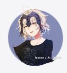  :d absurdres ahoge black_shirt character_name collarbone fate/grand_order fate_(series) grey_background highres jeanne_d'arc_(alter)_(fate) jeanne_d'arc_(fate)_(all) looking_at_viewer open_mouth shirt short_hair silver_hair simple_background smile solo upper_body yellow_eyes yurix 