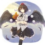  alder black_hair black_legwear black_skirt breasts closed_mouth crossed_arms eyebrows_visible_through_hair hat large_breasts leaf looking_at_viewer maple_leaf red_eyes red_hat shameimaru_aya short_hair short_sleeves skirt smile solo thighhighs tokin_hat touhou wings 