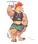  anthro biceps big_bulge big_muscles blue_hair bulge bus clothing darkgem dinosaur facial_hair feathers goatee hair male muscular muscular_male pecs penis_outline raptor red_hair shirt shorts solo spiritraptor standing tan_skin tank_top theropod underwear 