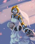  1girl aka6 android blonde_hair blue_eyes breasts glowing_eyes league_of_legends orianna_reveck robot_joints wedding_dress white_flowers 