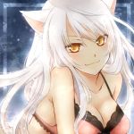  :3 animal_ears bakemonogatari black_hanekawa bra breasts cat_ears cleavage closed_mouth hanekawa_tsubasa large_breasts long_hair looking_at_viewer lowres monogatari_(series) pink_bra shima_riu slit_pupils smile solo underwear very_long_hair white_hair yellow_eyes 