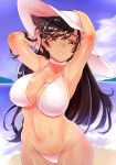  alternate_costume armpits arms_behind_head atago_(azur_lane) azur_lane bangs beach between_legs bikini black_hair blue_sky blurry blurry_background blush breasts brown_eyes chiha_(abo_ecm_mk25) cleavage cloud commentary_request day eyebrows_visible_through_hair groin hair_ornament hair_ribbon half-closed_eyes hand_between_legs hat highres large_breasts long_hair looking_at_viewer mole mole_under_eye navel ocean parted_lips ponytail ribbon ripples sand sky smile solo stomach sun_hat swept_bangs swimsuit tareme thighs very_long_hair water white_bikini white_hat wristband 