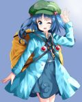  ;) alternate_costume backpack bag bangs blue_dress blue_eyes blue_hair blue_shirt coat collared_shirt commentary commentary_request cowboy_shot dress eyebrows_visible_through_hair flat_cap green_hat hair_bobbles hair_ornament hand_up hat highres hooded_coat kawashiro_nitori key long_sleeves looking_at_viewer medium_hair one_eye_closed open_clothes open_coat open_mouth pocket pouch puffy_sleeves ruu_(tksymkw) shirt short_twintails sidelocks simple_background skirt skirt_set smile solo standing strap tarpaulin thighs touhou twintails two_side_up undershirt 