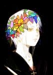  black_background closed_mouth colorful highres hiranko original pale_skin short_hair simple_background solo stained_glass upper_body yellow_eyes 