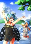 antennae arms_up bangs bloomers blue_bow blue_eyes blue_hair blue_sky bow butterfly_wings cirno closed_eyes cloud day eternity_larva hair_bow highres ice ice_wings kourou_(kouroukun) looking_at_another mountain multiple_girls one_eye_closed panties see-through short_hair sky tanned_cirno touhou underwear wading wet wings 
