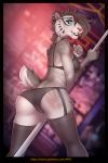  2018 5_fingers anthro black_lips blue_eyes breasts brown_hair butt clothing digital_media_(artwork) ear_piercing f-r95 fangs feline female hair ice_age mammal piercing pole saber-toothed_cat shira_(ice_age) smile solo sweat 
