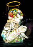  astronaut astronaut_helmet black_background closed_mouth colorful gloves halo highres hiranko looking_at_viewer original short_hair simple_background solo stained_glass upper_body yellow_eyes 
