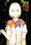  black_background closed_mouth halo highres hiranko intravenous_drip looking_to_the_side original shirt short_hair short_sleeves simple_background solo stained_glass upper_body white_shirt 
