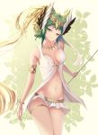  absurdres armlet atalanta_(fate) blonde_hair bracelet breasts circe_(fate/grand_order) circe_(fate/grand_order)_(cosplay) cleavage collarbone cosplay covered_nipples cowboy_shot fate/apocrypha fate_(series) floating_hair green_eyes green_hair hair_ornament head_tilt highres holding jewelry long_hair medium_breasts microskirt midriff multicolored_hair navel necklace nekobell skirt solo standing stomach thighlet two-tone_hair very_long_hair white_skirt 