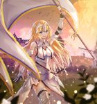  :d arm_up armor armored_boots armored_dress banner black_gloves black_legwear blonde_hair blue_eyes boots breasts day dress elbow_gloves eyebrows_visible_through_hair fate/apocrypha fate_(series) floating_hair fur_trim gloves highres holding holding_weapon jeanne_d'arc_(fate) jeanne_d'arc_(fate)_(all) lkeris long_hair medium_breasts open_mouth outdoors sheath sheathed sideboob sleeveless sleeveless_dress smile solo standing sword thigh_boots thighhighs very_long_hair weapon white_dress 