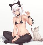  ahoge animal_ears bell bell_choker bikini black_bikini black_legwear blue_eyes breasts cat cat_ears cat_girl cat_tail choker claw_pose cleavage commentary english_commentary fake_animal_ears fangs_out full_body gradient gradient_background hair_ornament hairband hairclip highres indian_style jingle_bell looking_at_viewer luna_(unsomnus) navel original pointy_ears short_hair simple_background sitting small_breasts smile solo string_bikini swimsuit tail thighhighs unsomnus white_background white_hair wristband 