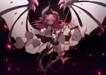  aqua_eyes asymmetrical_horns bat_wings black_background curled_horns elizabeth_bathory_(fate) elizabeth_bathory_(fate)_(all) fate/extra fate/extra_ccc fate_(series) frills holding holding_weapon long_hair looking_at_viewer no-kan petals pink_hair pointy_ears smile solo tail two_side_up weapon wings 