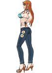  :p bikini_top breasts brown_eyes denim easy_(aqk7bdqt) full_body green_bikini_top hand_on_hip high_heels jeans large_breasts log_pose long_hair looking_at_viewer looking_to_the_side nami_(one_piece) one_piece orange_hair pants profile sandals sideboob simple_background solo standing tattoo tongue tongue_out white_background 