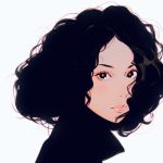  black_eyes black_hair chromatic_aberration close-up closed_mouth curly_hair face highres ilya_kuvshinov lips looking_at_viewer original portrait short_hair solo white_background 