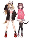  &gt;:) adjusting_clothes adjusting_hat animal_ears animal_hat bangs baseball_cap black_footwear black_hair black_jacket black_legwear blonde_hair blue_eyes blunt_bangs cat_ear_headphones cat_ears cat_tail choker clothes_writing commentary_request dog_hat dog_tail drawstring fake_animal_ears fashion full_body hand_in_pocket hand_to_own_mouth hat hat_with_ears headphones highres hood hood_down jacket kmnz long_hair long_sleeves mc_lita mc_liz multiple_girls nail_polish pink_hoodie pleated_skirt red_eyes red_footwear red_nails shoes short_hair shugao simple_background skirt sleeves_past_wrists sneakers socks standing tail thighhighs virtual_youtuber white_background white_hoodie white_skirt 