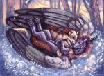  2018 amber_eyes brown_fur claws day detailed_background dragon duo feathered_dragon feathered_wings feathers feral ferret flashw fur grass horn lying mammal mustelid on_back outside smile wings 
