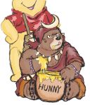  2018 anthro bear brown_fur clothed clothing dagger_(sdorica_sunset) disney duo eating fur honey male mammal overweight overweight_male sdorica_sunset shirt simple_background sitting white_background winnie_the_pooh_(franchise) yellow_fur 