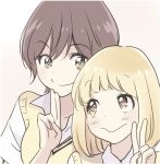  :&gt; asagao_to_kase-san blonde_hair bob_cut brown_hair close-up closed_mouth face kase_tomoka multiple_girls official_art school_uniform short_hair smile sweater_vest takashima_hiromi v yamada_yui yellow_eyes 