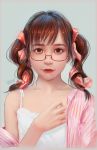  artist_name bangs bespectacled braid breasts brown_eyes collarbone commentary copyright_request eyebrows_visible_through_hair glasses grey_background hair_ribbon highres long_sleeves looking_at_viewer multicolored_shirt orange_ribbon parted_lips peter_xiao red_hair ribbon ribbon_braid shirt short_hair side_ponytail solo striped striped_shirt twin_braids twintails undressing 