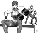  1girl 2boys abs breasts cleavage greyscale jealous large_breasts monochrome multiple_boys mumen_rider muscle muscular_female one-punch_man tank_top tanktop_girl tanktop_master the_golden_smurf 