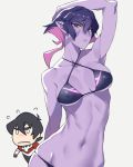  1girl arched_back armpits ban bikini black_hair collarbone covered_nipples facial_mark frown hand_behind_head highres hyakujuu-ou_golion keith_(voltron) krolia lips looking_at_viewer mother_and_son multicolored_hair navel parted_lips purple_eyes purple_hair purple_skin simple_background swimsuit two-tone_hair voltron:_legendary_defender wide_hips 