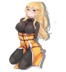  arms_behind_back artist_name bdsm blue_eyes blush bodysuit bondage bound breasts covered_nipples darkness_(konosuba) dress full_body hair_between_eyes hair_ornament hairpin highres kneeling kono_subarashii_sekai_ni_shukufuku_wo! large_breasts long_hair looking_at_viewer pelvic_curtain ponytail shibari shibari_over_clothes signature simple_background skin_tight solo tareme tini turtleneck white_background 