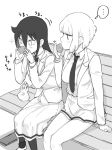  black_hair blazer blush commentary_request eating jacket kuroki_tomoko long_hair monochrome multiple_girls necktie pantyhose satou_takumi short_hair sitting uchi_emiri watashi_ga_motenai_no_wa_dou_kangaetemo_omaera_ga_warui! 