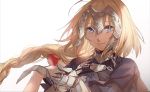  armor blonde_hair blue_eyes braid fate/apocrypha fate_(series) gauntlets headpiece jeanne_d'arc_(fate) jeanne_d'arc_(fate)_(all) light_smile long_braid long_hair no-kan single_braid solo_focus white_background 