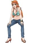  abs bikini_top breasts brown_eyes cleavage denim easy_(aqk7bdqt) full_body green_bikini_top hands_on_own_knees high_heels jeans large_breasts log_pose long_hair nami_(one_piece) navel one_piece orange_hair pants sandals simple_background solo squatting tattoo white_background 