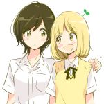  :d asagao_to_kase-san bangs blonde_hair blunt_bangs blush_stickers bob_cut brown_hair dress_shirt kase_tomoka multiple_girls nervous official_art open_mouth plant_on_head school_uniform shirt short_hair smile sweater_vest takashima_hiromi upper_body white_background yamada_yui yellow_eyes yuri 