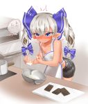  apron blush breast_milk chocolate commentary_request cooking flat_chest highres horns lactation lactation_through_clothes nipples original pointy_ears purple_eyes silver_hair solo translation_request yonkuron 