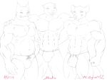  2009 abs anthro beowulf biceps biped black_and_white briefs brodie_(hurst) bulge canine character_name chest_tuft clothed clothing digital_media_(artwork) dog ear_piercing eyebrows fangs front_view grin group hug hurst looking_at_viewer male mammal monochrome muscular muscular_male mustelid navel nipples open_mouth otter pecs piercing pointy_ears rat rhys_(hurst) rodent serratus simple_background smile speedo standing swimsuit thong topless tuft underwear white_background 