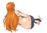  ass barefoot butt_crack commentary_request denim easy_(aqk7bdqt) error from_behind full_body green_bikini_top jeans long_hair nami_(one_piece) one_piece orange_hair pants simple_background solo tattoo white_background 