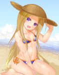  :d abigail_williams_(fate/grand_order) bare_arms bare_legs bare_shoulders barefoot beach between_legs bikini blonde_hair blue_bikini blue_sky blush brown_hat cloud collarbone commentary_request day eyebrows_visible_through_hair eyes_visible_through_hair fate/grand_order fate_(series) flat_chest hand_on_headwear hand_up hat head_tilt highres horizon long_hair looking_at_viewer miyajima_(anthem-anthem) navel ocean open_mouth orange_bikini outdoors purple_eyes sand shadow shiny shiny_skin side-tie_bikini sidelocks sitting sky smile solo stomach straight_hair straw_hat string_bikini summer sun_hat swimsuit very_long_hair wariza wet 