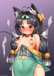  animal_ears azur_lane bell black_hair blush bow breasts fox_ears hair_bell hair_bow hair_ornament highres japanese_clothes kimono lactation long_hair low_twintails milking_machine navel nipples open_mouth red_eyes small_breasts solo tears twintails yonkuron yuubari_(azur_lane) 