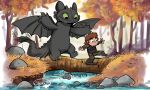  2014 calvin_and_hobbes dragon dreamworks duo fish green_eyes hiccup_(httyd) how_to_train_your_dragon human male mammal marine membranous_wings night_fury river scalie sharkie19 toothless tree wings 