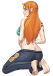  barefoot breasts butt_crack denim earrings easy_(aqk7bdqt) error feet full_body green_bikini_top jeans jewelry large_breasts long_hair nami_(one_piece) one_piece orange_hair pants profile simple_background smile soles solo white_background 