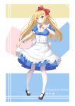  absurdres apron blonde_hair blue_dress blue_eyes bow commentary dress finger_to_mouth hair_bow hairband highres long_hair mary_janes original pantyhose ribbon shoes smile solo white_legwear wrist_cuffs zie_(pannihe) 