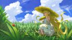  blonde_hair blue_sky brown_footwear bug cloud cloudy_sky commentary_request corn day dress eating field from_side granblue_fantasy grass harvin hat holding insect ladybug long_hair melissabelle outdoors prehensile_hair shoes sitting sky solo strap_slip straw_hat sundress very_long_hair wasabi60 white_dress 