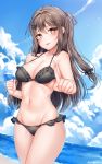  :p absurdres artist_name bangs bare_arms bare_shoulders beach bikini black_bikini blue_sky blush breasts brown_eyes brown_hair cleavage clenched_hand cloud collarbone commentary day eyebrows_visible_through_hair frilled_bikini frills girls_frontline groin hair_between_eyes hair_ornament hairclip hand_up highres index_finger_raised k-2_(girls_frontline) long_hair looking_at_viewer medium_breasts navel ocean outdoors painteen pointing pointing_at_viewer sand sidelocks signature sky smile solo stomach swimsuit tareme tongue tongue_out 