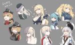  6+girls :d ^_^ ^o^ ahoge bad_id bad_pixiv_id blonde_hair blue_eyes blue_hair blue_neckwear blue_sailor_collar blue_shirt blush breast_pocket breasts brown_gloves buttons closed_eyes cnm facial_scar fang front-tie_top gambier_bay_(kantai_collection) gangut_(kantai_collection) garrison_cap gloves graf_zeppelin_(kantai_collection) green_eyes grey_background grey_hair hair_between_eyes hat highres iowa_(kantai_collection) jacket kantai_collection large_breasts long_hair long_sleeves low_twintails military military_hat military_uniform multiple_girls multiple_views neckerchief nude open_mouth orange_eyes peaked_cap pocket prinz_eugen_(kantai_collection) red_shirt sailor_collar samuel_b._roberts_(kantai_collection) scar school_uniform serafuku shaded_face shirt short_hair short_sleeves simple_background small_breasts smile star star-shaped_pupils symbol-shaped_pupils twintails u-511_(kantai_collection) uniform white_jacket 