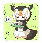  atlantic_puffin_(kemono_friends) bangs beamed_eighth_notes bird_girl bird_tail bird_wings black_hair black_jacket black_scarf blazer blush_stickers bob_cut border breasts chibi commentary cropped_legs eighth_note eyebrows_visible_through_hair green_background head_wings highres holding holding_instrument instrument jacket kemono_friends keyboard_(instrument) long_sleeves looking_down melodica miniskirt multicolored_hair music musical_note necktie open_blazer open_clothes open_jacket parted_bangs playing_instrument pleated_skirt rakugakiraid red_eyes rounded_corners scarf short_hair simple_background skirt small_breasts solo speech_bubble sweater_vest tareme translated white_border white_hair white_neckwear white_skirt wings 