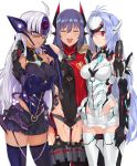  3girls armor blue_hair breasts cyborg dark_skin eyes_closed hana_(xenoblade) kos-mos multiple_girls nintendo red_eyes smile t-elos white_hair xeno_(series) xenoblade xenoblade_(series) xenoblade_2 xenosaga 