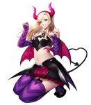  alternate_costume bare_shoulders bat_wings blonde_hair blush breasts cleavage cosplay demon_girl gloves green_eyes head_wings highres horns kibellin large_breasts long_hair looking_at_viewer persona persona_5 persona_5:_dancing_star_night persona_dancing pointy_ears smile solo succubus tail takamaki_anne tattoo thighhighs twintails wings 