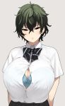  accio black_eyes black_skirt blue_bra bra bra_through_clothes breasts button_gap cleavage collared_shirt commentary dark_green_hair dress_shirt green_hair hair_between_eyes highres large_breasts mole mole_under_eye no_pupils open_clothes open_shirt original parted_lips pleated_skirt school_uniform see-through shirt short_hair short_sleeves simple_background skirt solo striped striped_neckwear sweatdrop unbuttoned unbuttoned_shirt underwear upper_body white_background white_shirt 